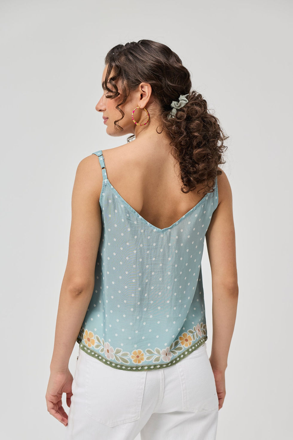 Thumbnail: Deep V-Neck Polka Dot Top with Bow Detail