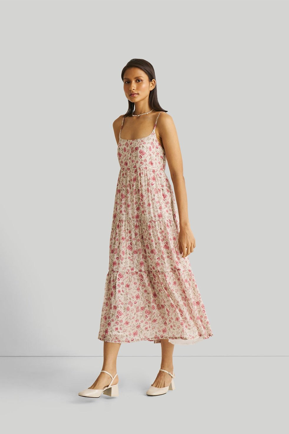 Thumbnail: Strappy Tiered Maxi Dress in Pink Florals