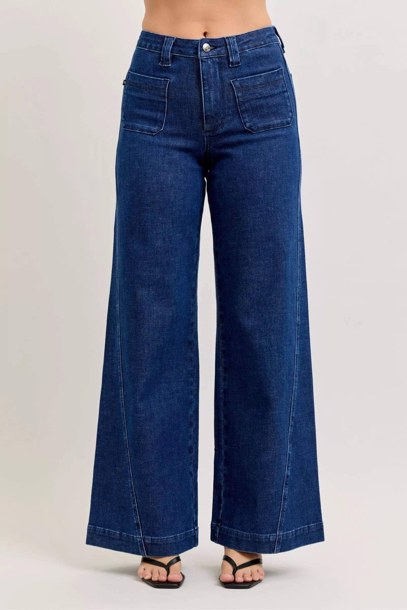 Judy Blue High-Waisted Retro Wide Jeans with Patch Pkts & Twisted Seams