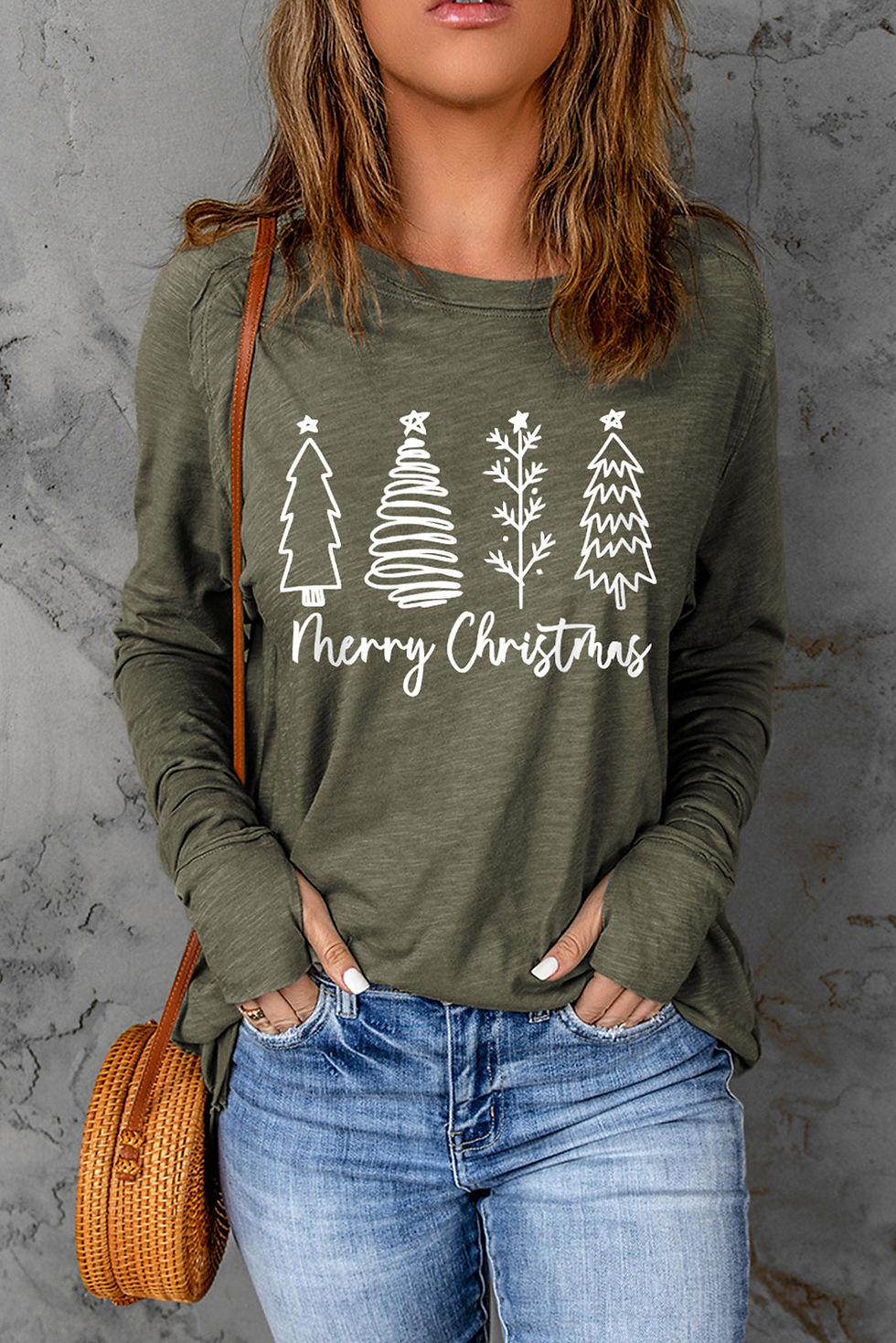 Thumbnail: Thea Merry Christmas Trees Thumbhole Sleeve Graphic Tee