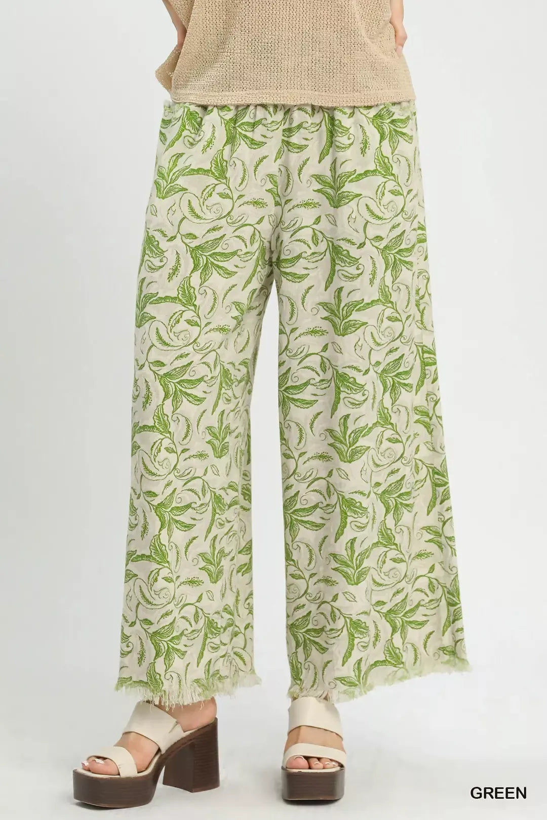 Umgee Linen Printed Wide Leg Raw Hem Pants