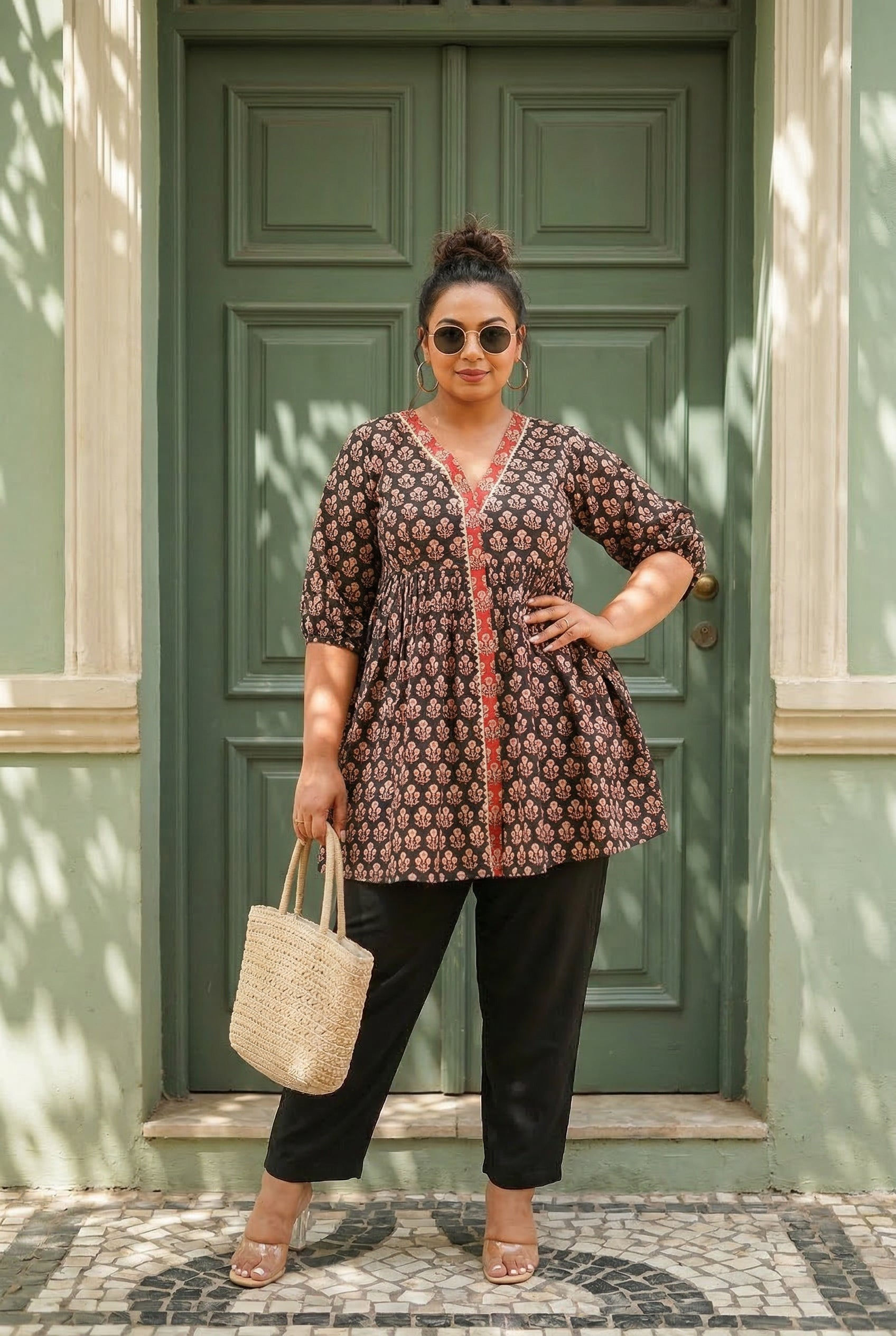 Black Block Print Peplum Set