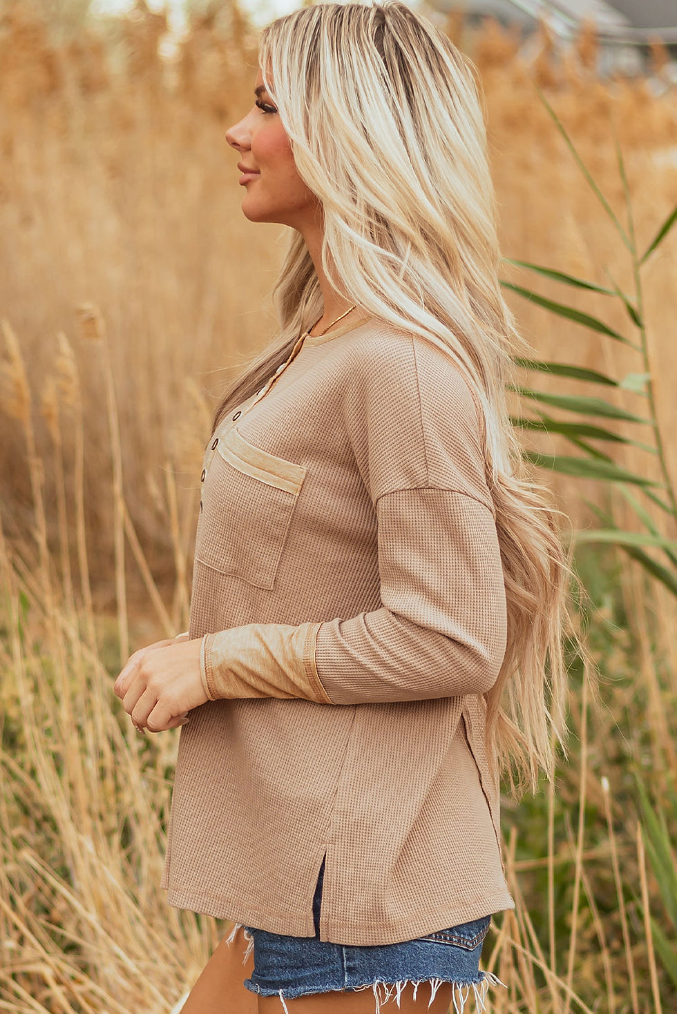 Thumbnail: Blake Waffle Textured Tunic Henley Top with Slits