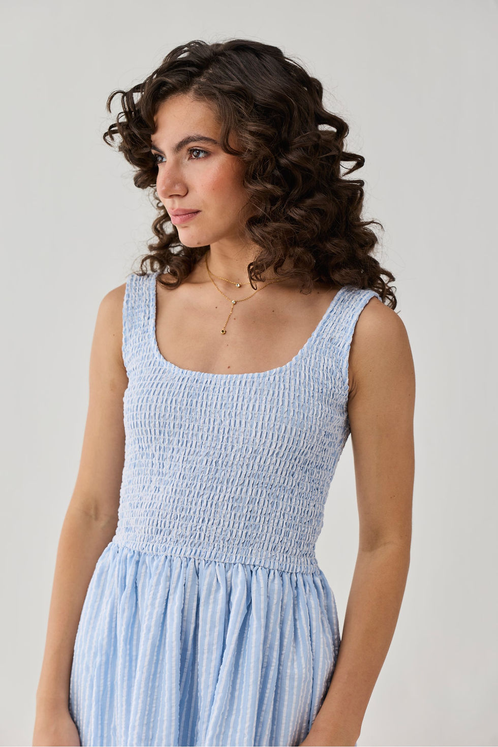Thumbnail: Smocked Short Dress in Blue Stripes