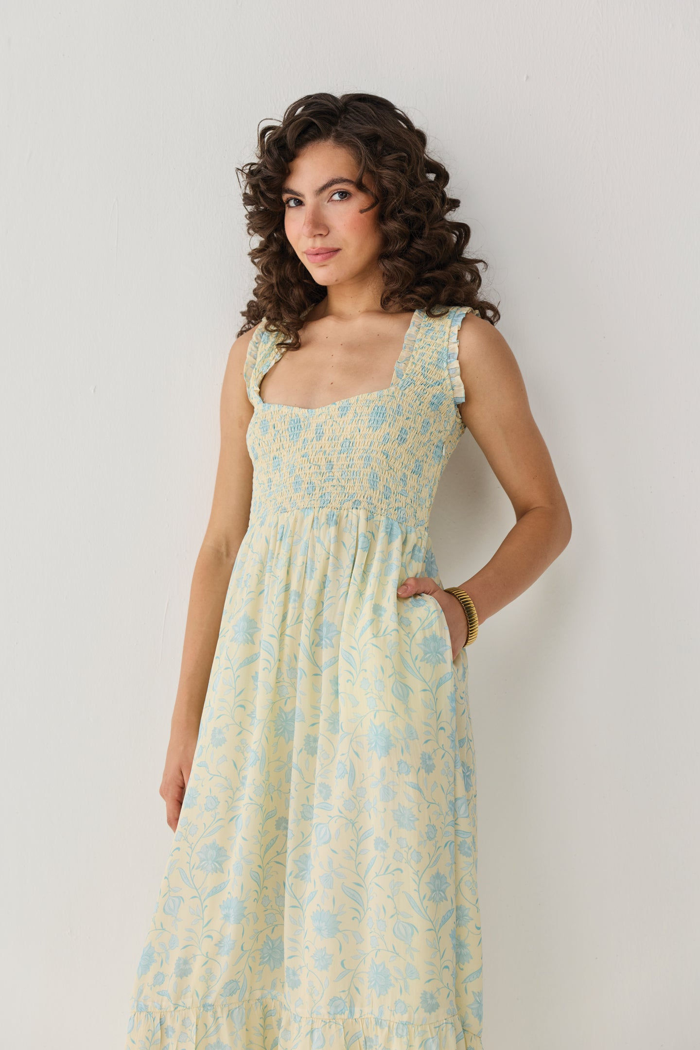 The Smocked Maxi Dress in Yellow Florals