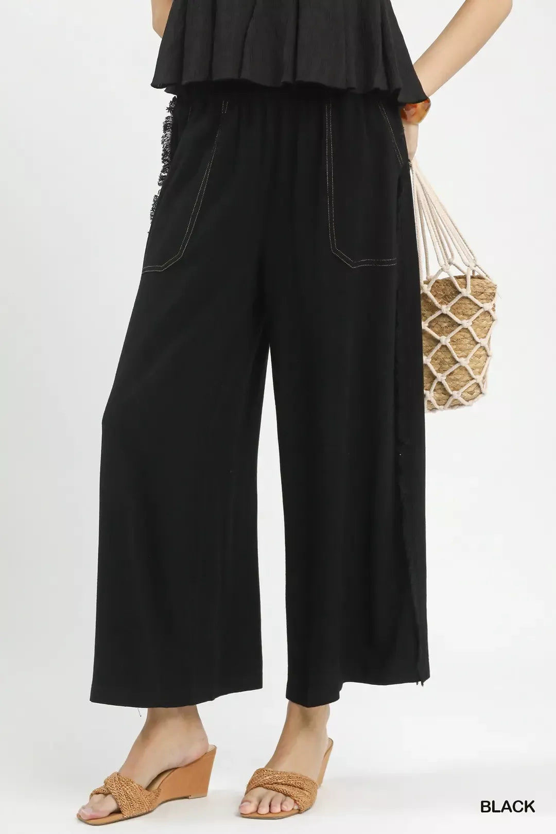 Linen Frayed Side Pocket Wide Leg Pants