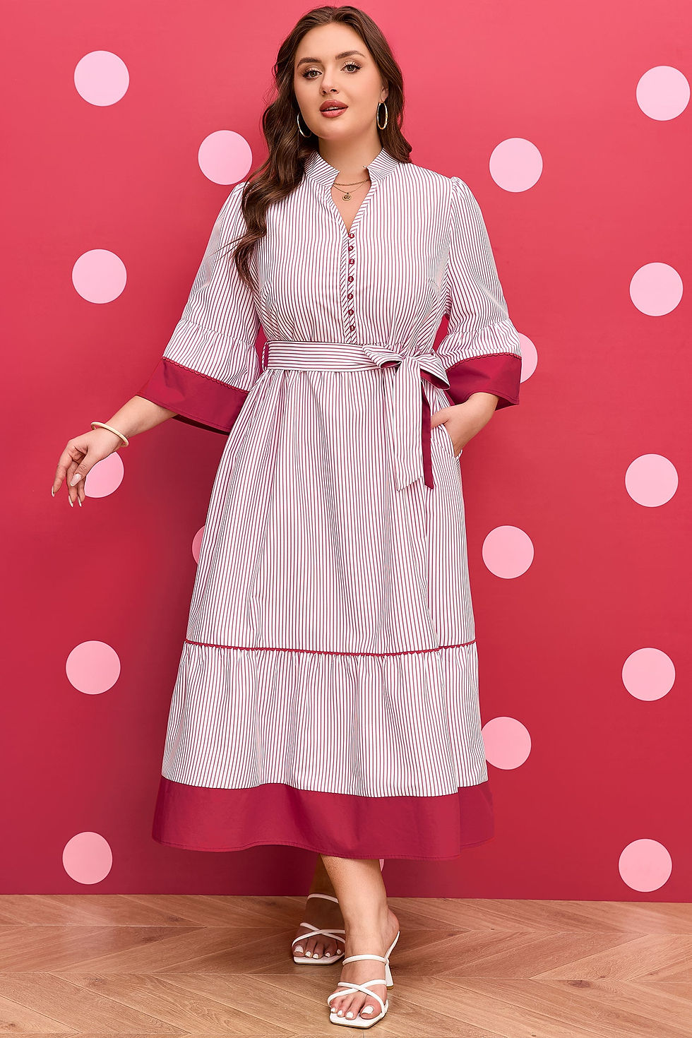 Thumbnail: Charlee Hem Pinstriped Midi PLUS Dress