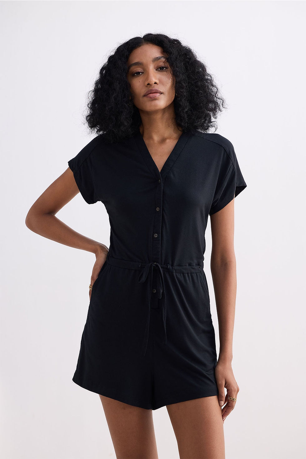 Thumbnail: V neck Drawstring Knit Romper in Black