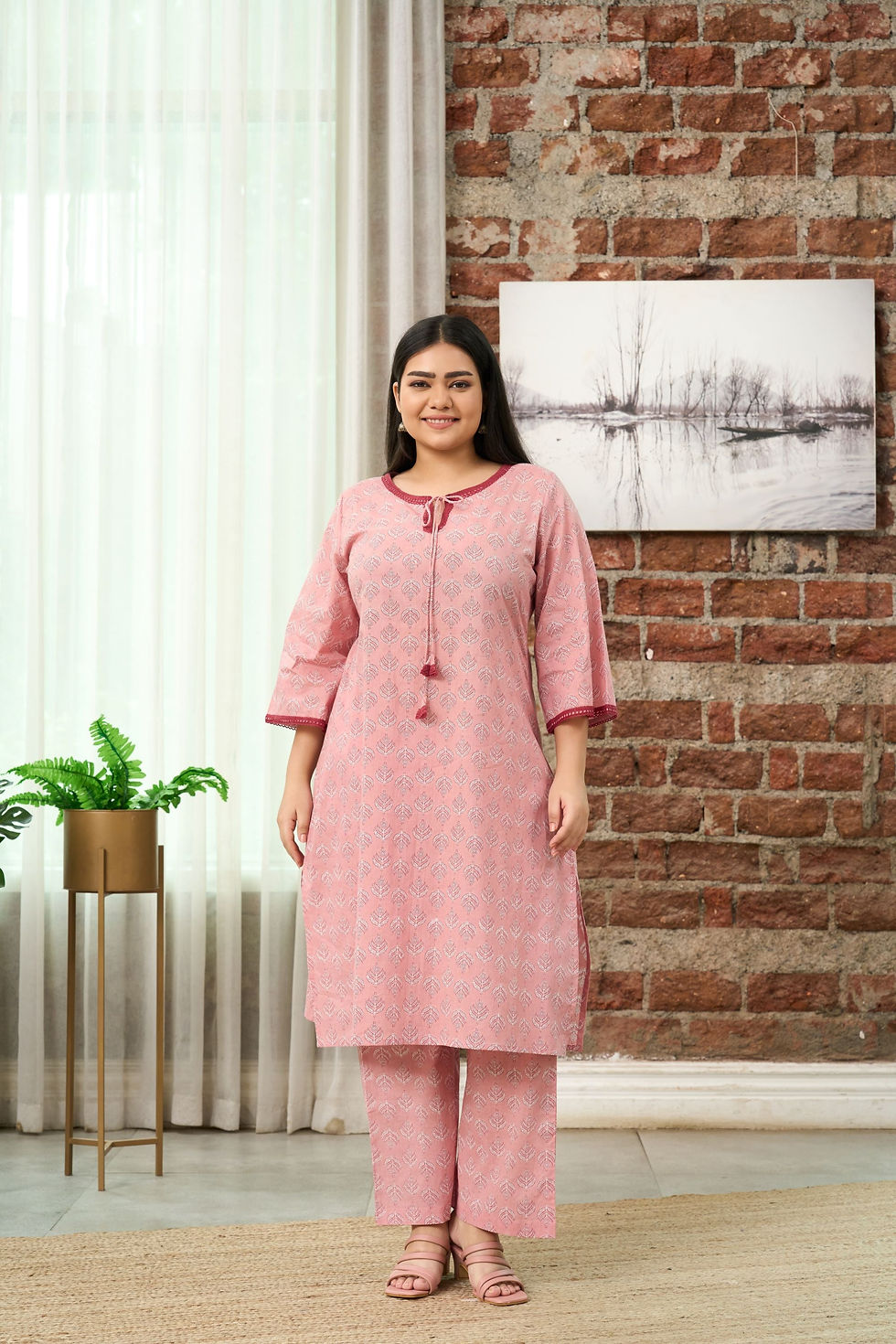 Thumbnail: Dusty Rose Printed Kurta & Trousers Co-ord Set