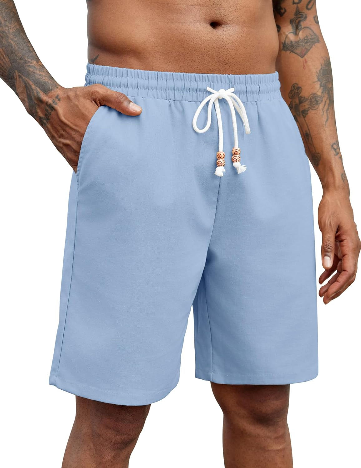 COOFANDY Mens Linen Shorts Casual Drawstring Elastic Waist Lightweight Summer V