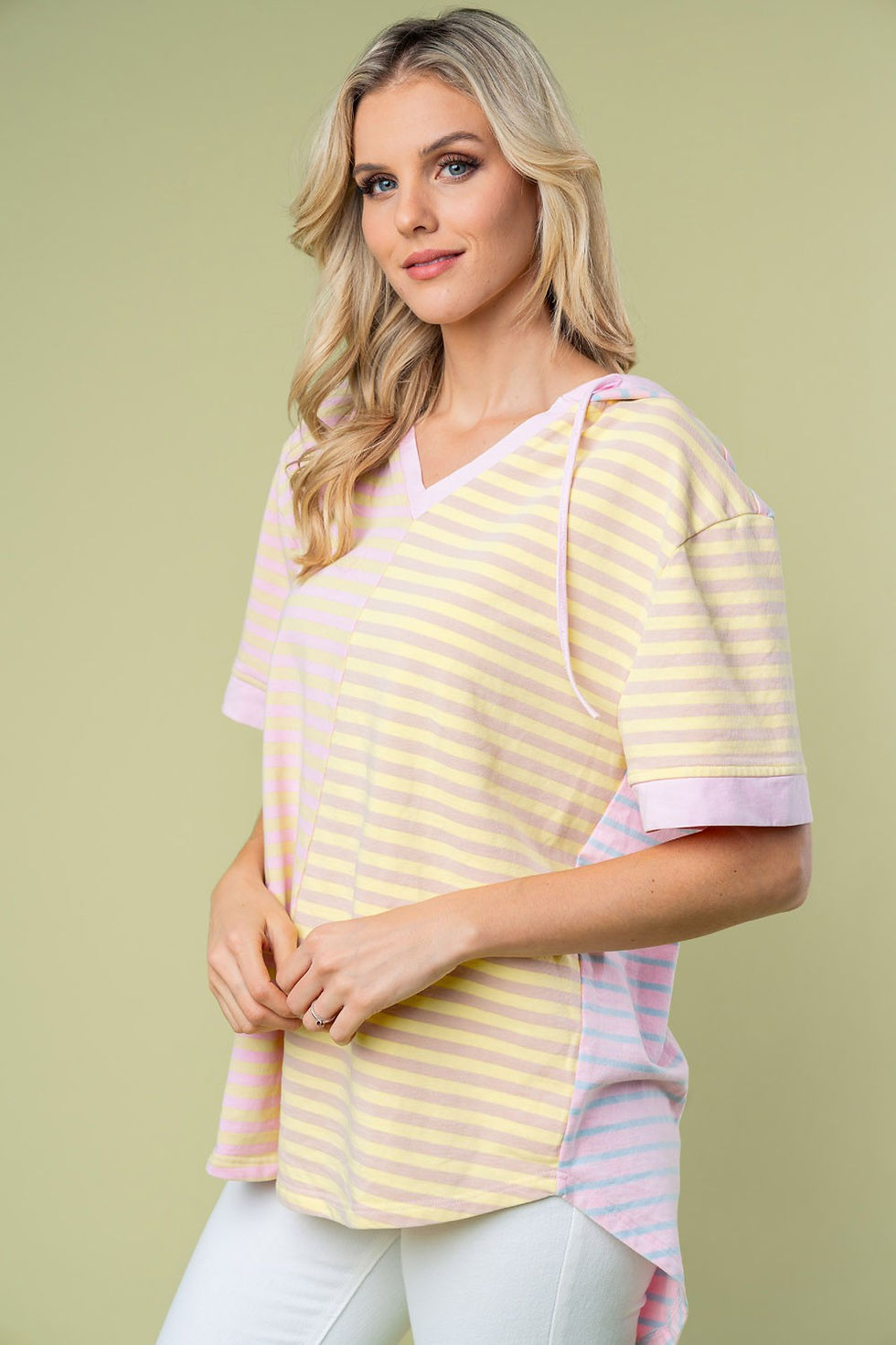 Thumbnail: White Birch Full Size Striped Short Sleeve Drawstring Hooded Top