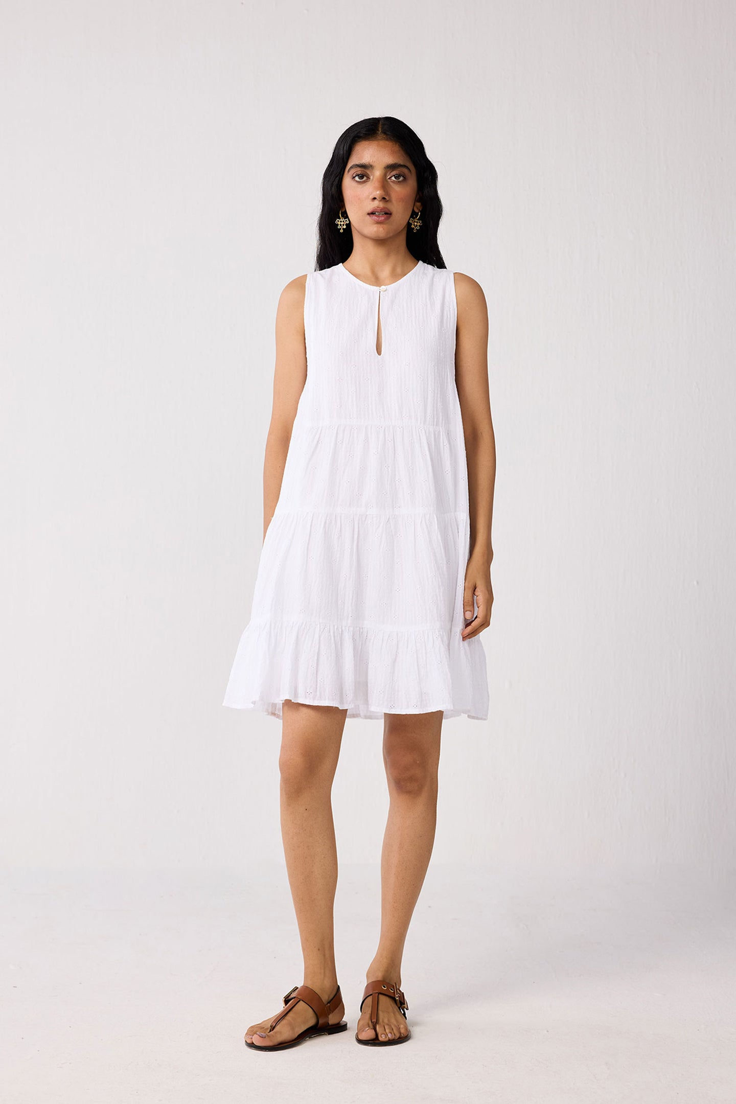 Embroidered Everyday Sleeveless Short Tiered Dress in White