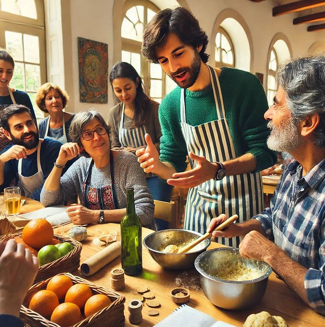 A group of people participating in a hands-on cooking workshop in Portugal. The participants are gathered around a table, engaging with the instructor while preparing food. The scene emphasizes interaction and learning, with everyone focused on the activity in a friendly and creative environment