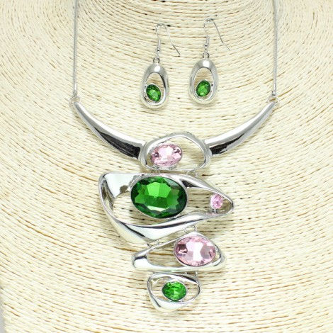 Pink and Green Abstract Metal Statement Necklace Set