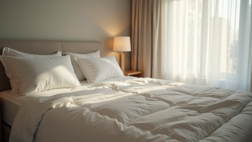 Eye-level view of a calm bedroom with a neatly made bed and soft lighting