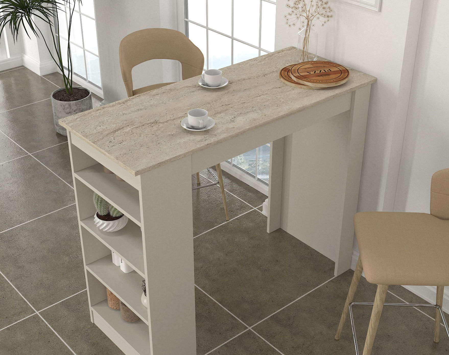 מונקו DE2163 - שולחן בר מעוצב - קרם אבן פלטה דמוי שיש