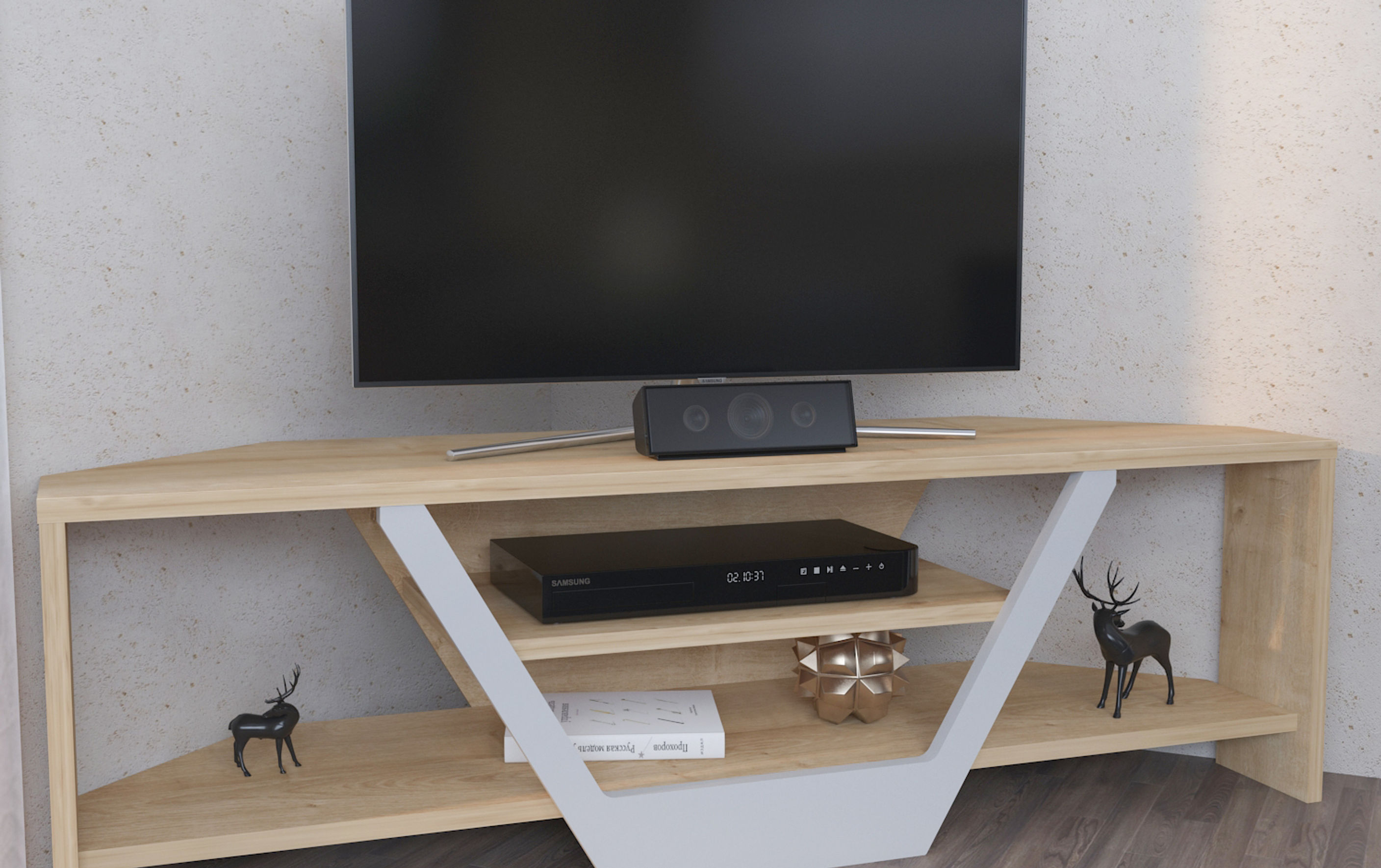 Sares - מזנון טלוויזיה פינתי מעוצב - אלון בהיר משולב לבן