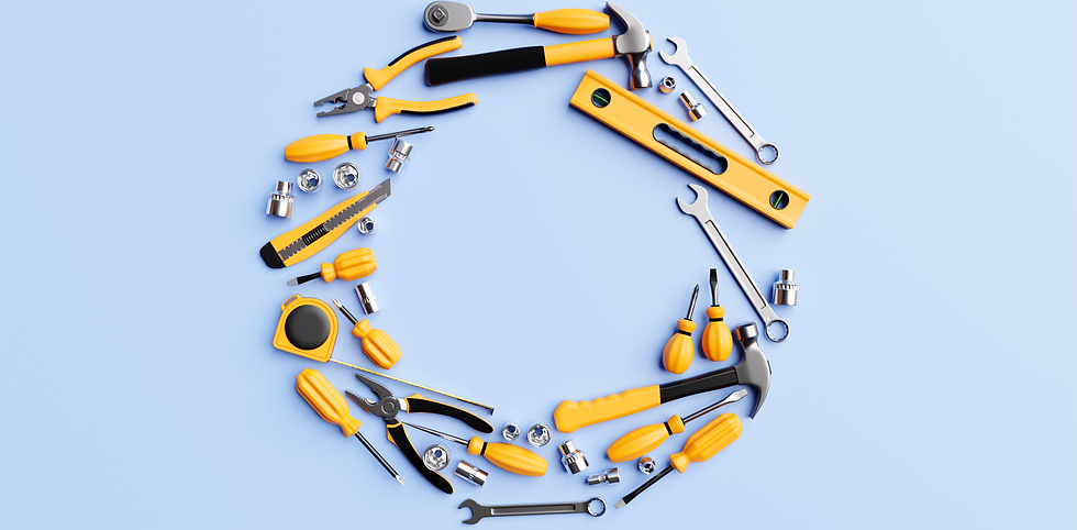 3d-illustration-metal-hammer-screwdrivers-pliers-level-tape-measure-electrical-tape-cutter
