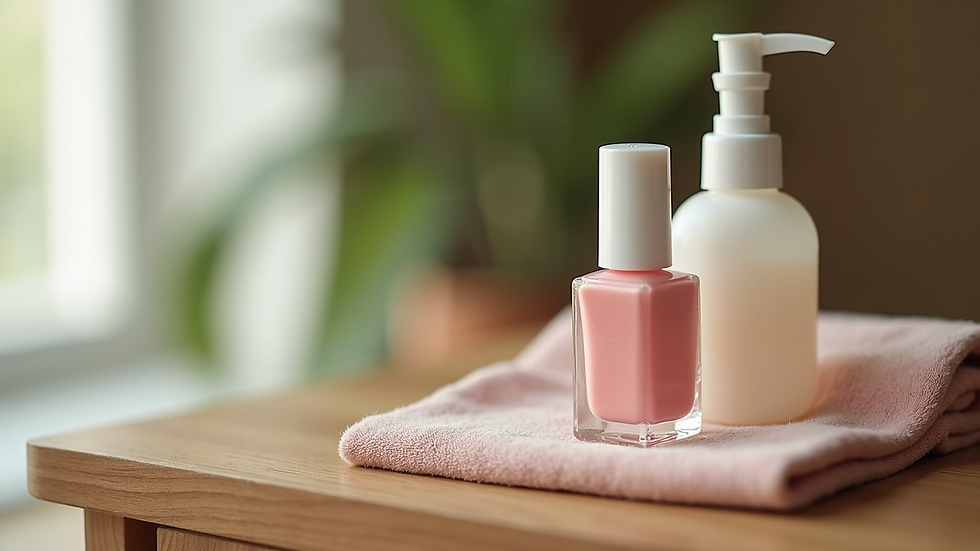 Close-up view of natural nail care products arranged on a wooden table