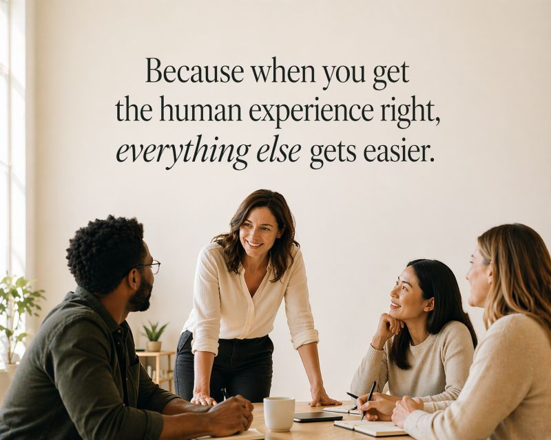 Human-centered leadership concept showing a team in a collaborative meeting, highlighting connection, trust, and designing positive human experiences at work.