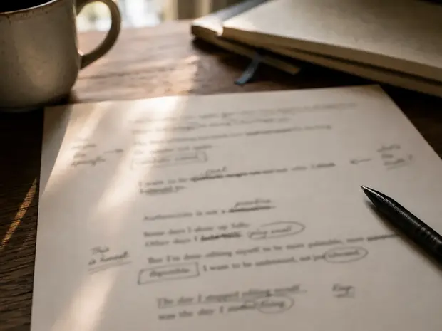A handwritten manuscript on a wooden desk beside a pen, coffee mug, and notebook, illuminated by warm natural light. The scene conveys reflection, storytelling, and the thoughtful process of writing about personal experiences, authenticity, and self-discovery.
