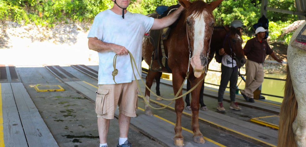 Guest petting a docile horse on a ferry in Belize, returning from a horseback riding tour