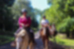 Family riding horses downhill, returning from a horseback riding tour at Xunantunich Mayan ruins, Belize