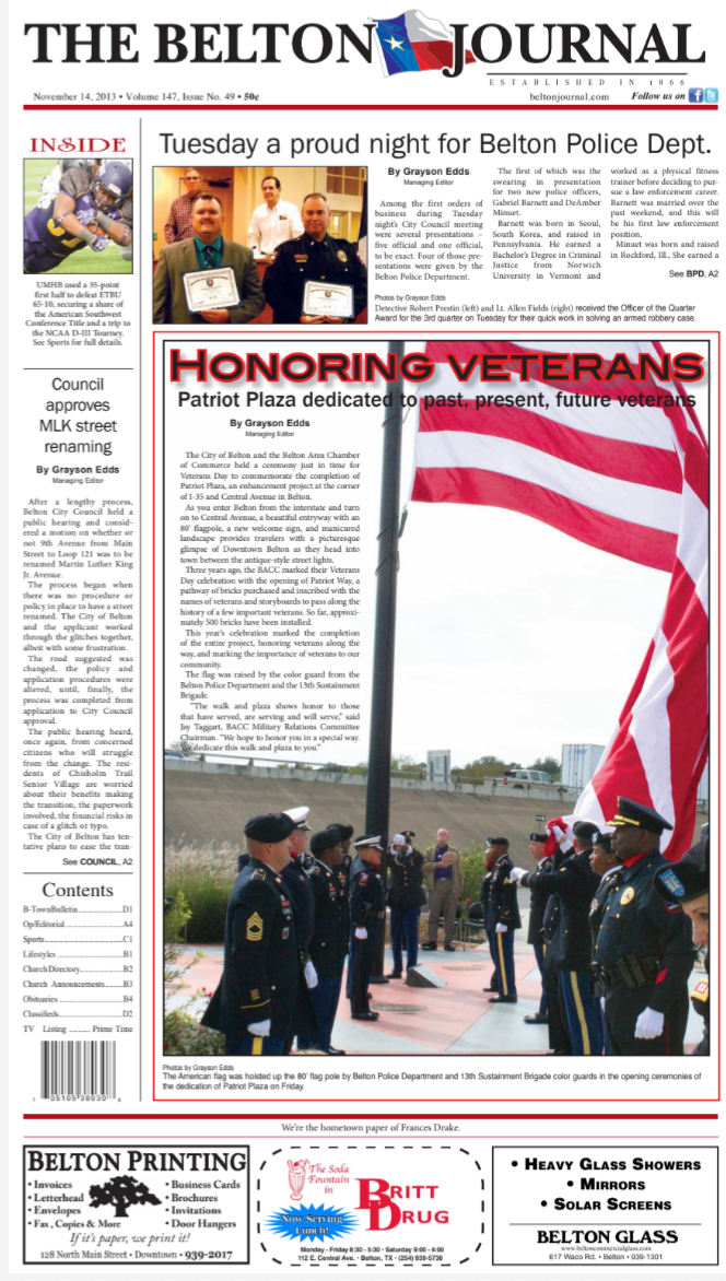 2013 Belton Journal front page designed by Gray R Thomas