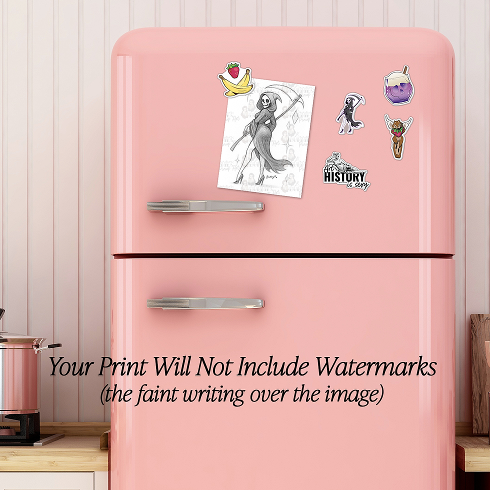 Thumbnail: Elysia 1 BW Sketch Print on a pink fridge