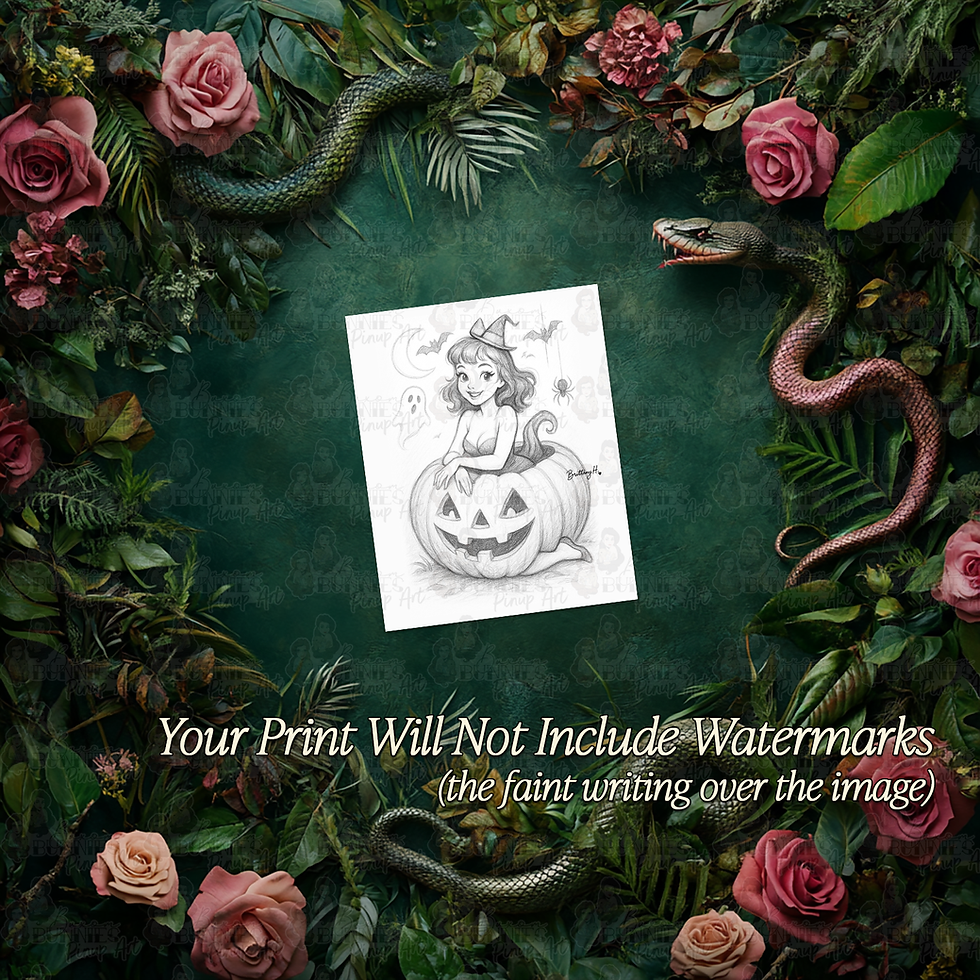 Lil Jack O'Lantern Witch BW Sketch Print without frame