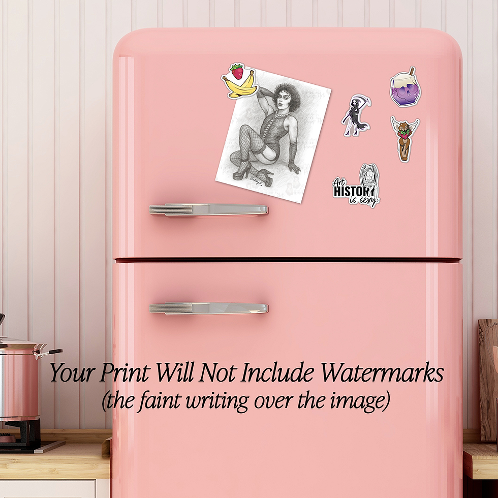 Thumbnail: Dr Hot Dog BW Sketch Print on pink fridge