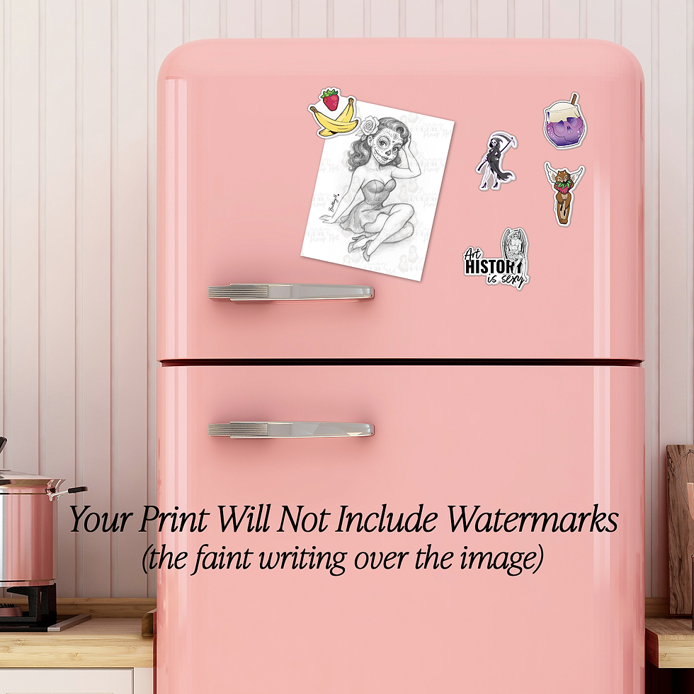Thumbnail: Los Muertos 2 BW Sketch Print on a pink fridge