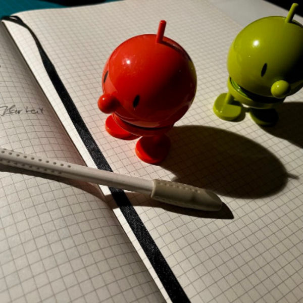 Ein Notizheft, auf dem 2 Hoptimisten stehen