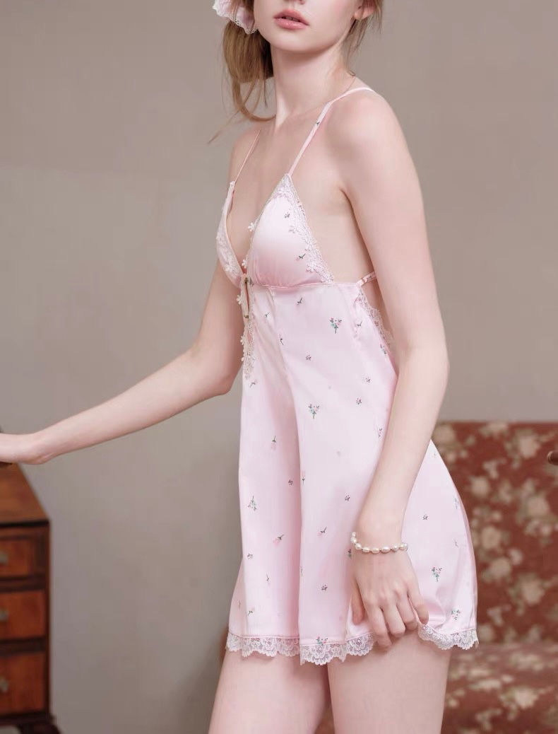 Thumbnail: mini floral satin blossom lace-trim mini dress