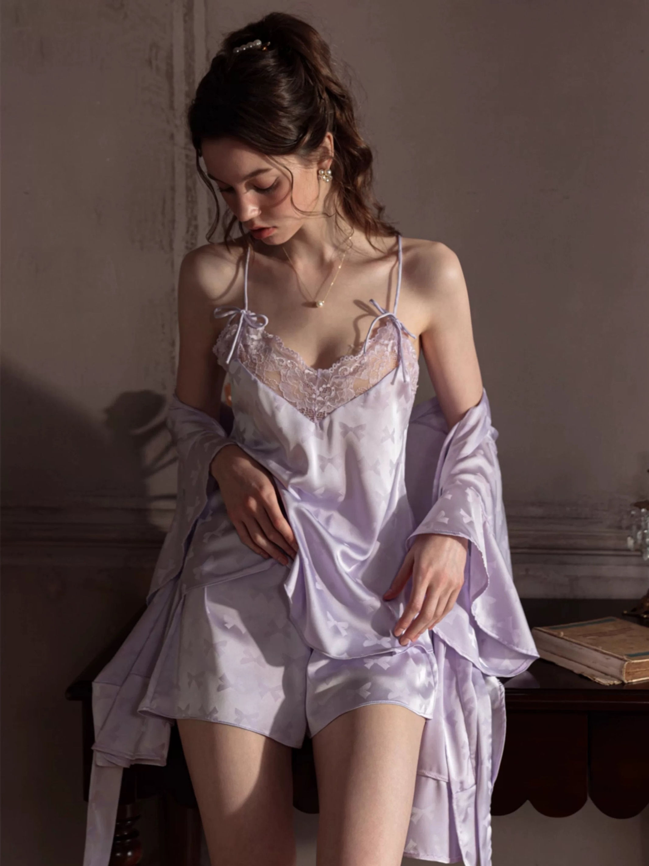 satin with bow print top and shorts