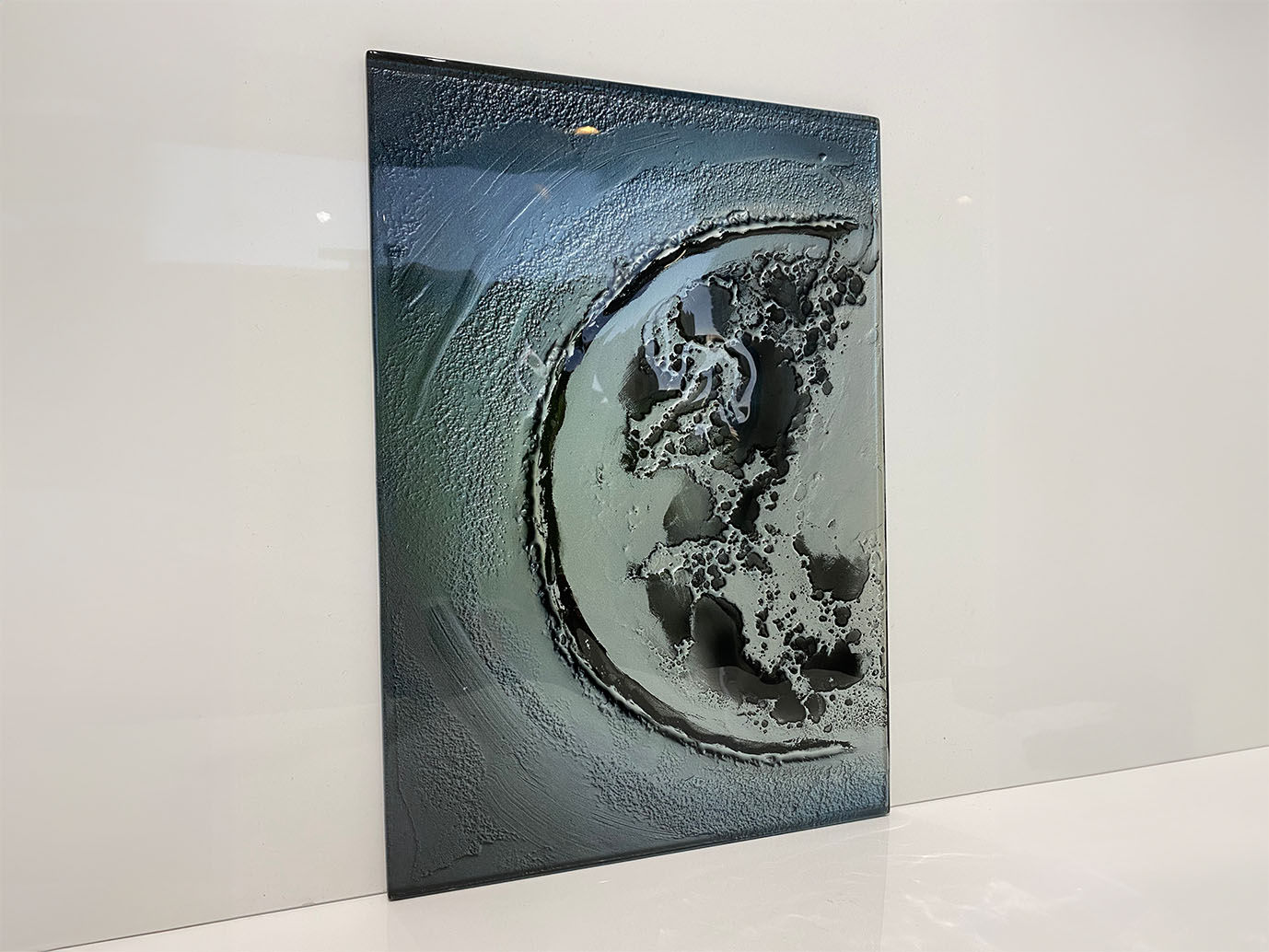 Grey and Blue Metallic Moon Design Fused Glass Art Piece by Fused Glass Design | fusedglass.co.uk