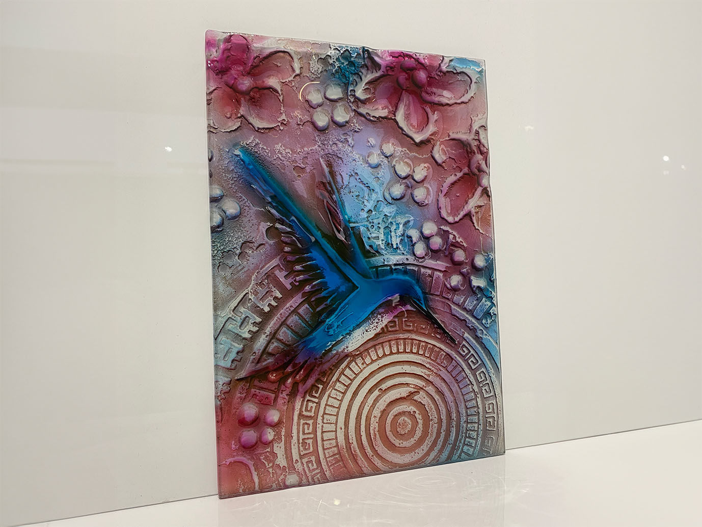 Blue Hummingbird Design with Pink, Blue and White Hues Fused Glass Art Piece by Fused Glass Design | fusedglass.co.uk