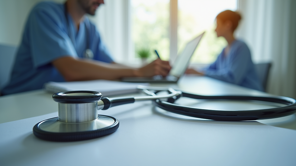 Close-up view of a healthcare provider’s desk with a stethoscope and a notebook ready for a patient visit