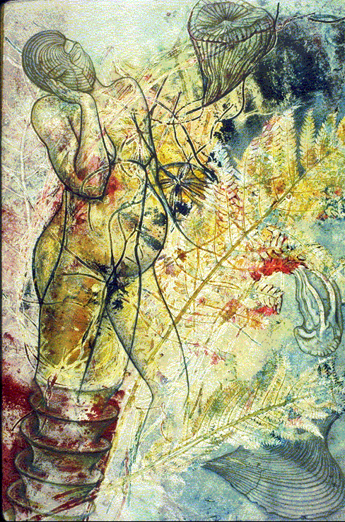woman with fossil head emerging from a fossil with plants and other fossils