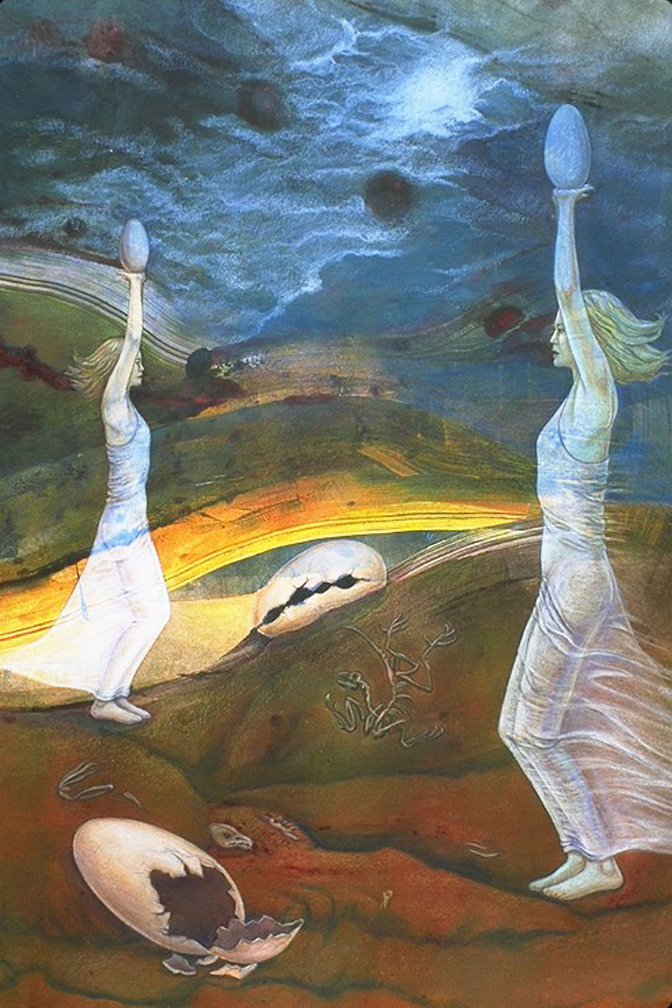 painting of woman with egg in strange landscape