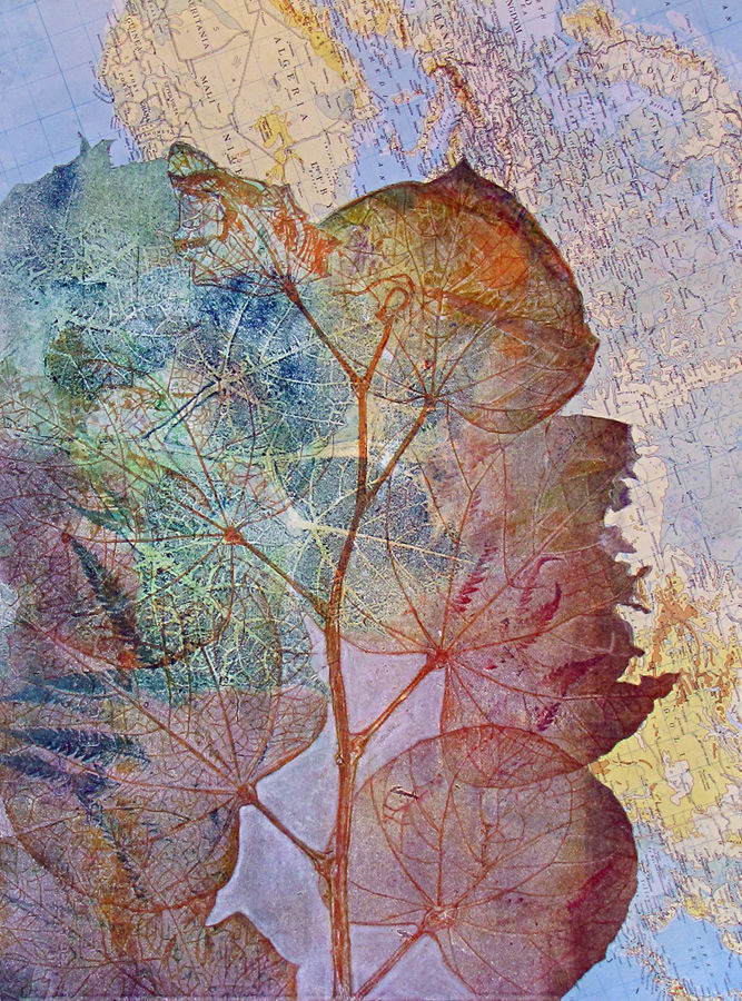 a monoprint with mixed media that captures the feeling of being outdoors