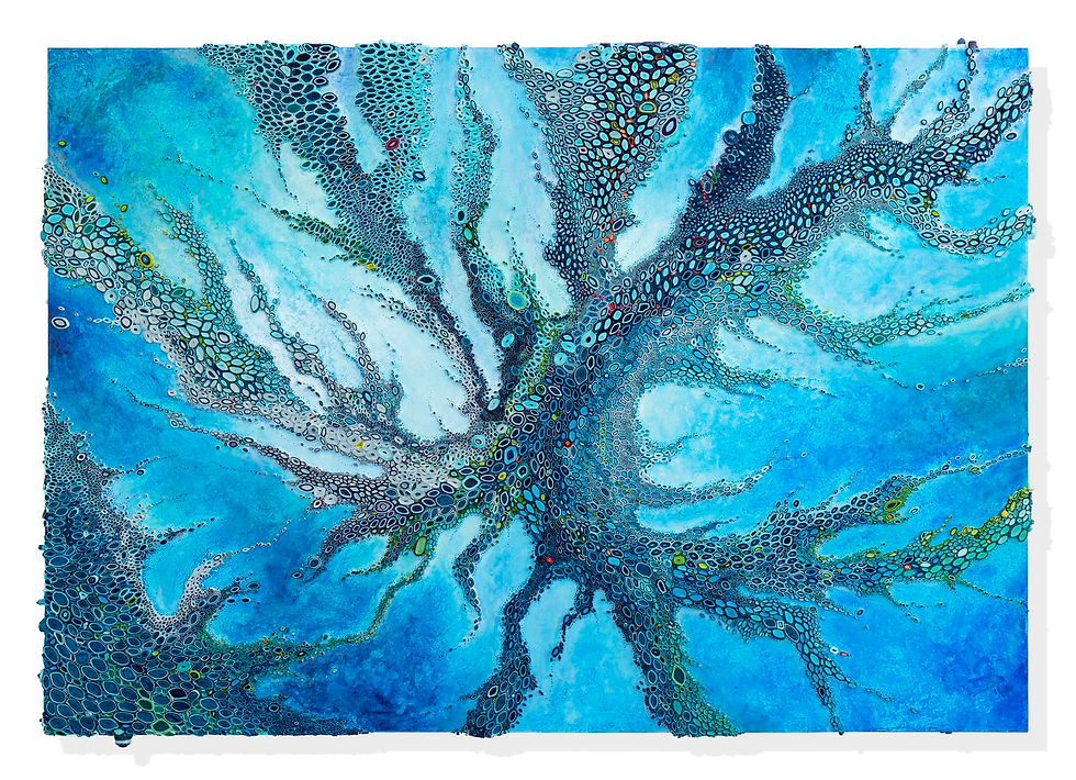 large blue art piece made of paper and paint