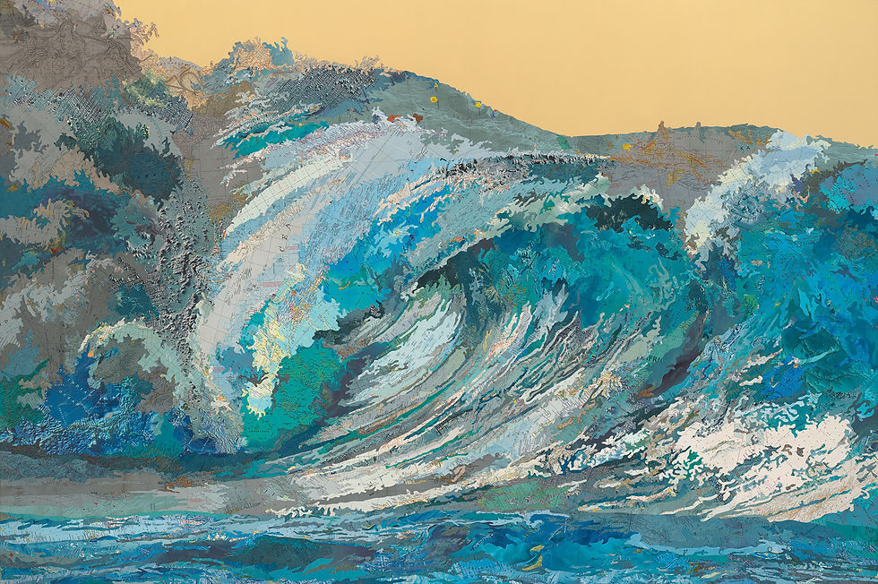 huge ocen wave made of collaged maps by Matt Cusick