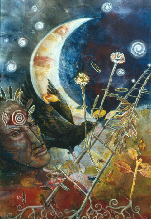 surreal painting of the face of a native man, a crow, and a ladder made of plant stems with a crescent moon in a dark sky