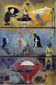Leonora Carrington's surrealist painting "I took My Way Down, Like a Messenger, to the Deep, consisting of several strange characters doing inexplicable things