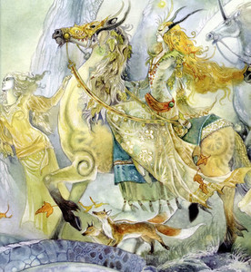 painting of a woman in a mask and white gown riding a white horse by Stephanie Law
