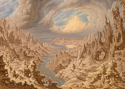 painting by Johfra Bosschart of a vast rocky landscape with a river in the center leading to an opening in the sky revealing a white city