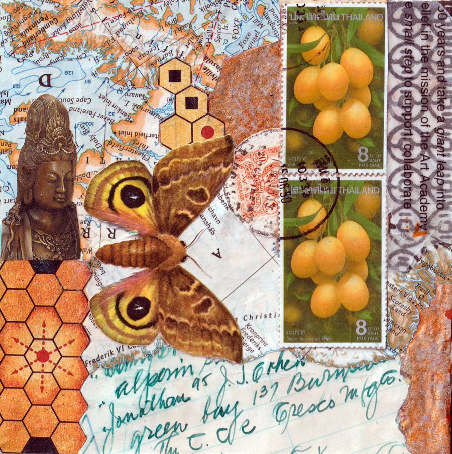 ephemera collage with moth, stamps, map, and leger page fragment