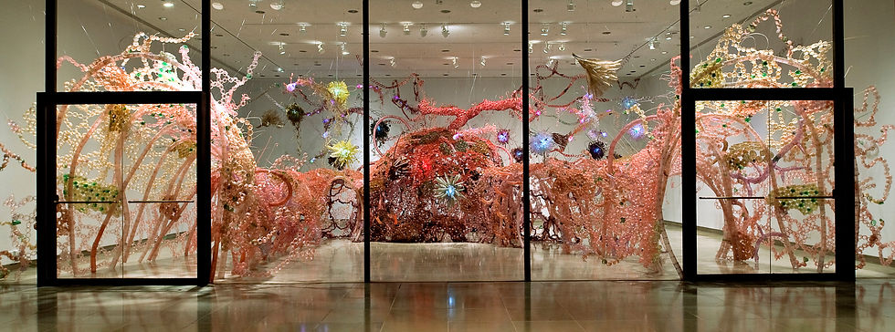 large colorful gallery installation made of repurposed plastic