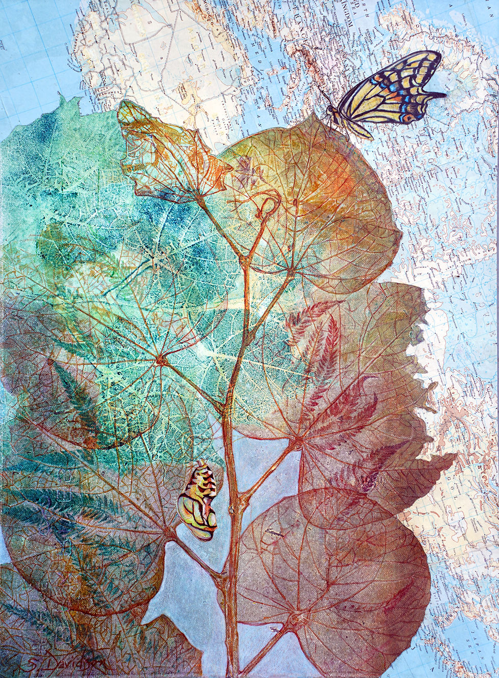 blue, green, yellow, and red-brown monoprint of leaves on a map with chrysalis and butterfly